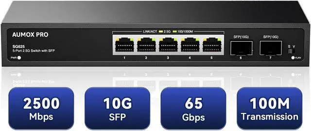 Main image of 7 Port 2.5Gb Unmanaged Ethernet Switch with 5* 2.5G Base-T Ports, 2*10G SFP Ports, AUMOX PRO 65 Gbps Vlan Switching Capacity Compatible with 100/1000/2500Mbps for Wireless AP, NAS, PC Plug and Play
