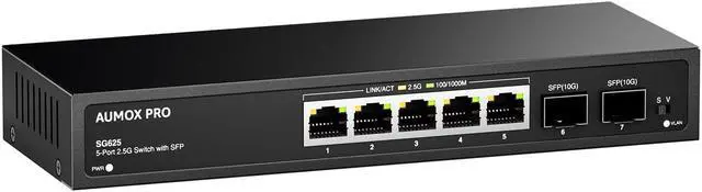 Alt view image 2 of 5 - 7 Port 2.5Gb Unmanaged Ethernet Switch with 5* 2.5G Base-T Ports, 2*10G SFP Ports, AUMOX PRO 65 Gbps Vlan Switching Capacity Compatible with 100/1000/2500Mbps for Wireless AP, NAS, PC Plug and Play