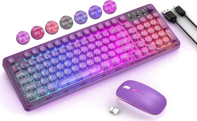 Main image of Purple Light Up Keyboard and Mouse Wireless,Cute 2.4Ghz Cordless Rechargeable Transparent Backlit Keyboard,15 Backlight Effects,Volume Knob,RGB Mouse with 3 DPI for Mac Computer PC Laptop Desktop iPad