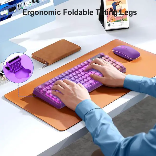 Alt view image 3 of 5 - Purple Light Up Keyboard and Mouse Wireless,Cute 2.4Ghz Cordless Rechargeable Transparent Backlit Keyboard,15 Backlight Effects,Volume Knob,RGB Mouse with 3 DPI for Mac Computer PC Laptop Desktop iPad