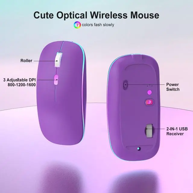 Alt view image 5 of 5 - Purple Light Up Keyboard and Mouse Wireless,Cute 2.4Ghz Cordless Rechargeable Transparent Backlit Keyboard,15 Backlight Effects,Volume Knob,RGB Mouse with 3 DPI for Mac Computer PC Laptop Desktop iPad