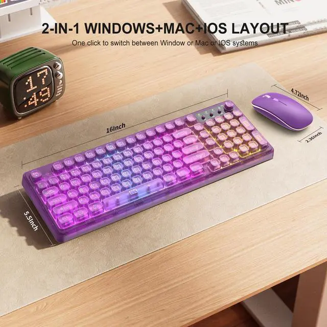 Alt view image 4 of 5 - Purple Light Up Keyboard and Mouse Wireless,Cute 2.4Ghz Cordless Rechargeable Transparent Backlit Keyboard,15 Backlight Effects,Volume Knob,RGB Mouse with 3 DPI for Mac Computer PC Laptop Desktop iPad