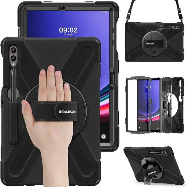 Main image of BRAECN for Samsung Galaxy Tab S10 Plus Case 2024/S9 Plus/S9 FE+/S8 Plus/S7 Plus /S7 FE 12.4 Inch,Heavy Duty Shockproof Case with S Pen Holder&360 Rotating Hand Strap/Kickstand Shoulder Strap,Black