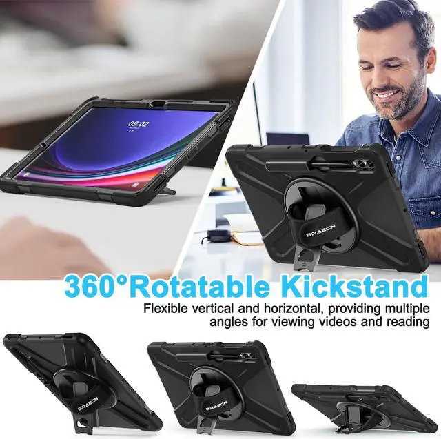 Alt view image 3 of 5 - BRAECN for Samsung Galaxy Tab S10 Plus Case 2024/S9 Plus/S9 FE+/S8 Plus/S7 Plus /S7 FE 12.4 Inch,Heavy Duty Shockproof Case with S Pen Holder&360 Rotating Hand Strap/Kickstand Shoulder Strap,Black