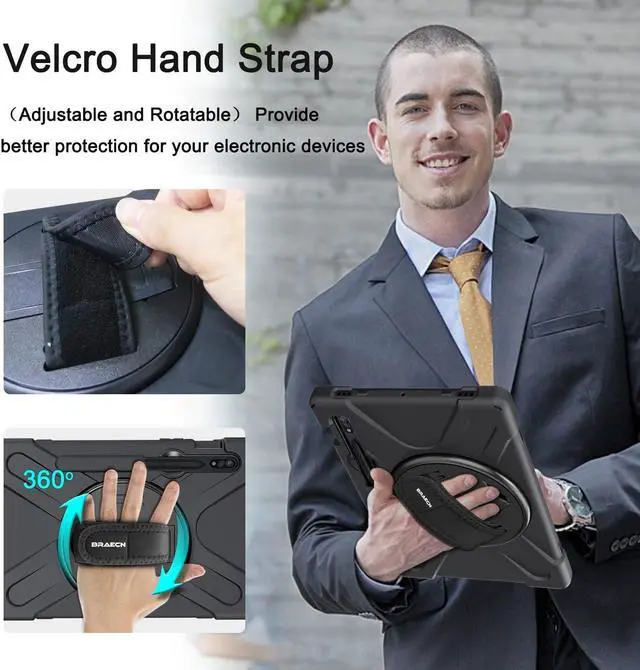 Alt view image 4 of 5 - BRAECN for Samsung Galaxy Tab S10 Plus Case 2024/S9 Plus/S9 FE+/S8 Plus/S7 Plus /S7 FE 12.4 Inch,Heavy Duty Shockproof Case with S Pen Holder&360 Rotating Hand Strap/Kickstand Shoulder Strap,Black