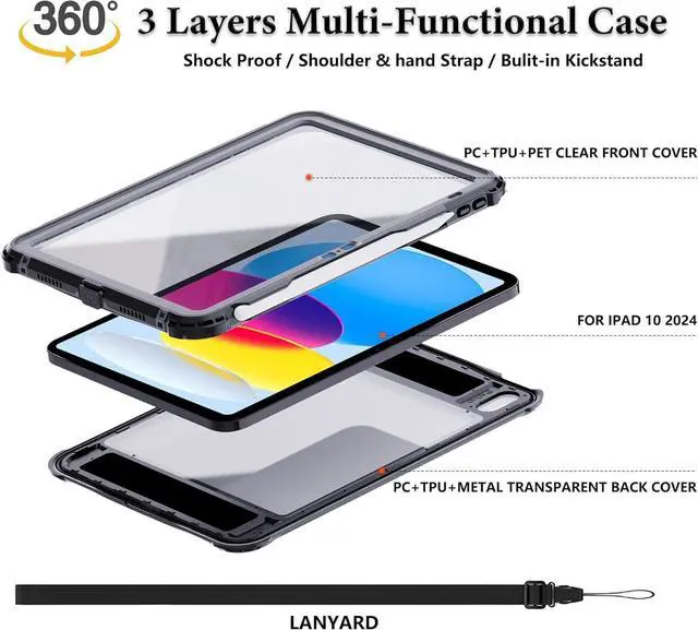 Alt view image 2 of 5 - Waterproof Case for iPad(A16) 11th Generation 11 inch 2025/10th Generation 10.9 Inch 2022 Case with Screen Protector with Pencil Holder & Stand & Shoulder Strap & Handle, Full-Body Rugged Cover, Black