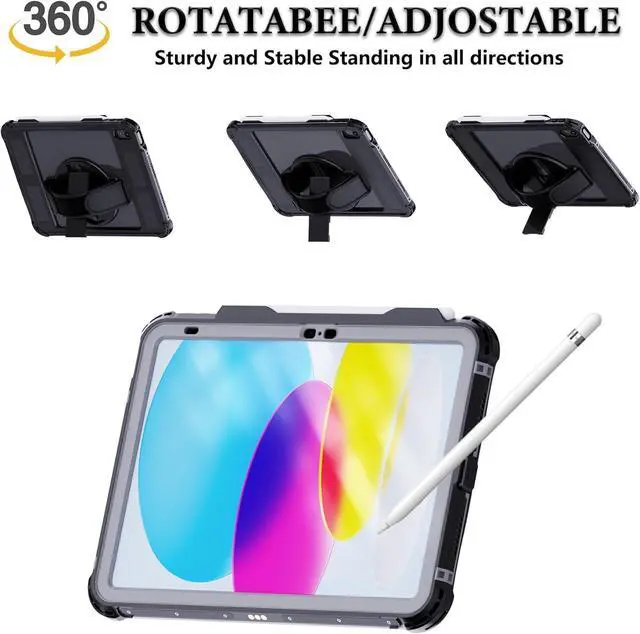 Alt view image 4 of 5 - Waterproof Case for iPad(A16) 11th Generation 11 inch 2025/10th Generation 10.9 Inch 2022 Case with Screen Protector with Pencil Holder & Stand & Shoulder Strap & Handle, Full-Body Rugged Cover, Black
