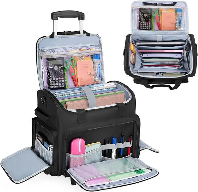 Main image of CURMIO Rolling Teacher Bag with Wheels, Teacher Rolling Cart, Rolling Briefcase with Accordion Organizer and 15.6" Laptop Sleeve for School or Work, Black(Patented Design)