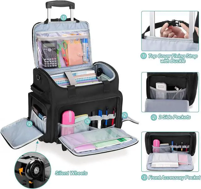Alt view image 3 of 5 - CURMIO Rolling Teacher Bag with Wheels, Teacher Rolling Cart, Rolling Briefcase with Accordion Organizer and 15.6" Laptop Sleeve for School or Work, Black(Patented Design)
