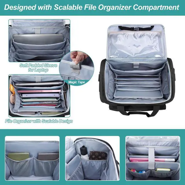 Alt view image 2 of 5 - CURMIO Rolling Teacher Bag with Wheels, Teacher Rolling Cart, Rolling Briefcase with Accordion Organizer and 15.6" Laptop Sleeve for School or Work, Black(Patented Design)
