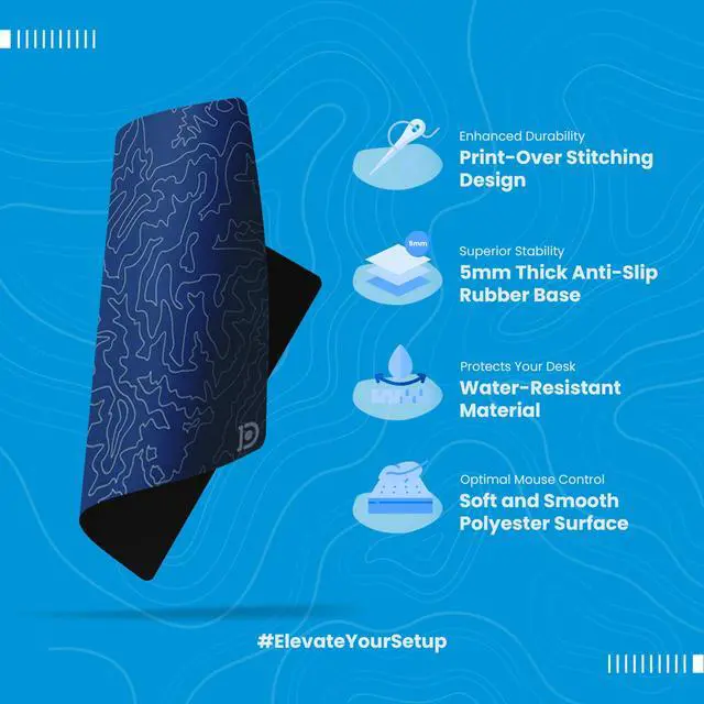 Alt view image 2 of 5 - Deskr Navy Topograph Canyon Deskpad Full XL Gaming Desk Mat Gamer Desk Pad with Stitched Edges 5mm Thick Non-Slip Water-Resistant Rubber Laptop Computer Mousepad for Office & Home - 36 x 16 in