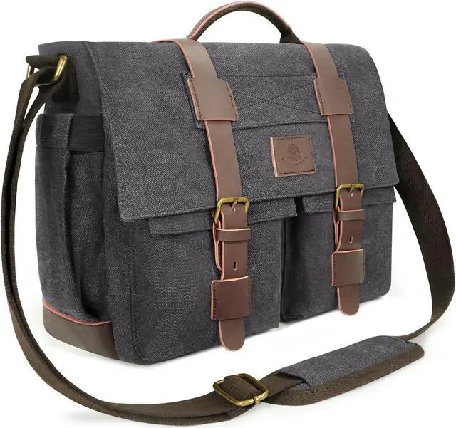 Main image of densata Messenger Bag for Men,13-14 Inch Laptop Bag Vintage Canvas Satchel Bag Leather Briefcase for School and Work(Grey)