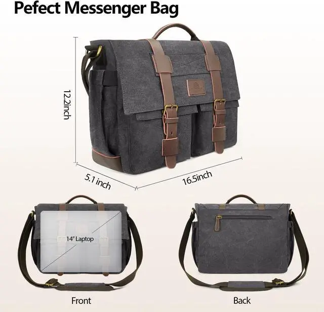 Alt view image 2 of 5 - densata Messenger Bag for Men,13-14 Inch Laptop Bag Vintage Canvas Satchel Bag Leather Briefcase for School and Work(Grey)