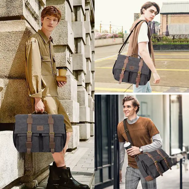 Alt view image 3 of 5 - densata Messenger Bag for Men,13-14 Inch Laptop Bag Vintage Canvas Satchel Bag Leather Briefcase for School and Work(Grey)