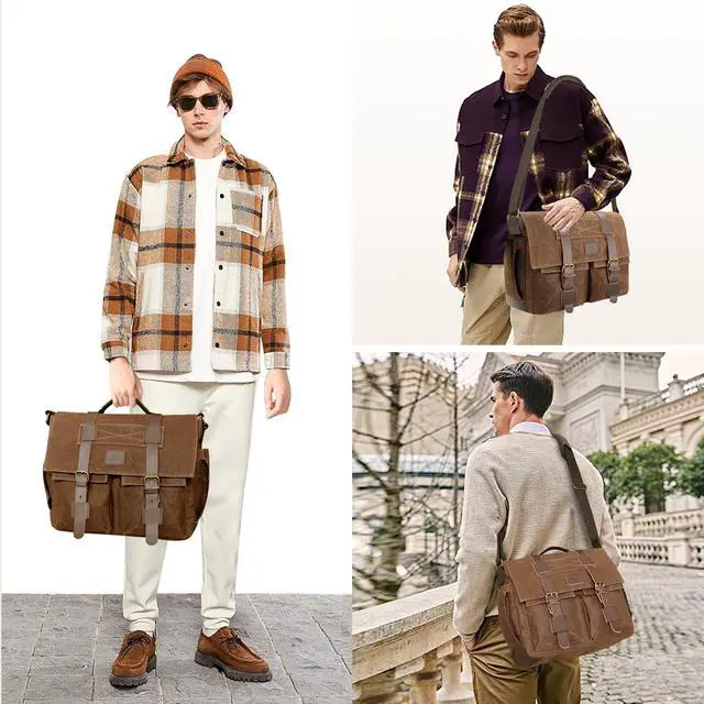 Alt view image 3 of 5 - densata Messenger Bag for Men,13-14-15.6 Inch Laptop Bag Vintage Waxed Canvas Satchel Bag Leather Briefcase for School and Work(Vintage Brown)