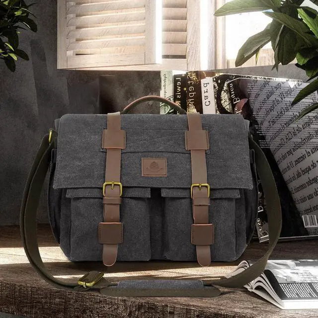 Alt view image 5 of 5 - densata Messenger Bag for Men,13-14 Inch Laptop Bag Vintage Canvas Satchel Bag Leather Briefcase for School and Work(Grey)