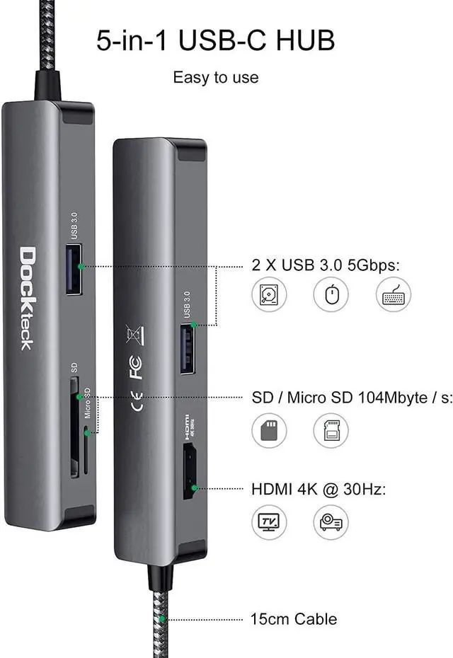 Alt view image 2 of 5 - Dockteck USB C Hub, 5 in 1 USBC Hub Multiport Adapter with 4K HDMI, 2 USB A 5Gbps Data Ports, MicroSD and SD Card Reader, for MacBook Pro, MacBook Air, iPad Pro, Microsoft Surface Pro, and More