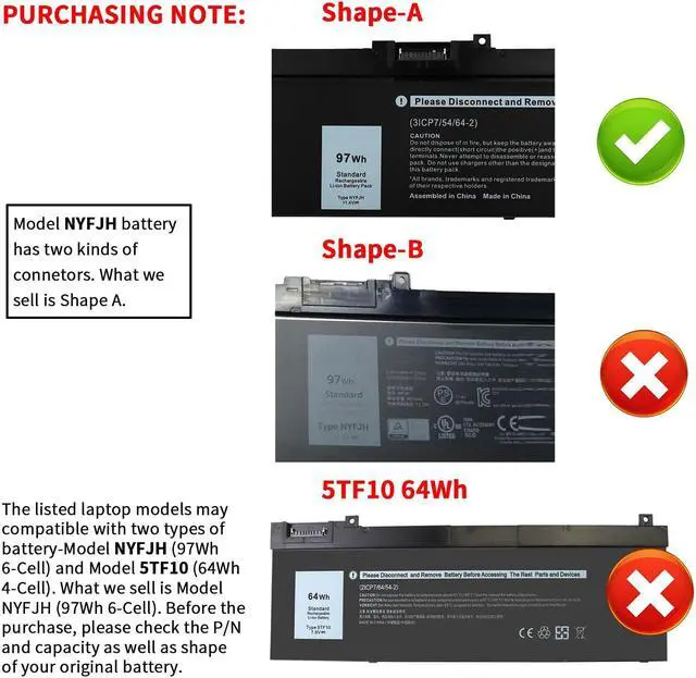 Alt view image 2 of 5 - 97Wh NYFJH Battery Replacement for Dell Precision 7530 7730 7540 7740 Series P34E P34E001 P34E002 P74F P74F001 P74F002 Li-polymer 0NYFJH 451-BCGI 0WNRC 0WMRC GW0K9 GWOK9 00WNRC 0GW0K9 0GWOK9 11.4V
