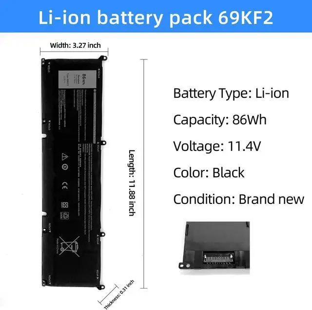 Alt view image 2 of 5 - 69KF2 Laptop Battery Replacement for Dell Alienware M15 R3 M15 R4 M15 R5 M15 R6 M15 R7 M17 R3 M17 R4 Precision 5550 5560 XPS 15 9500 9510 Inspiron 7510 7610 Vostro 7510 7620 Series 8FCTC 70N2F 86Wh