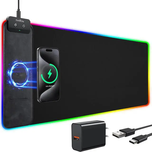 Main image of Wireless Charging RGB Gaming Mouse Pad 10W, 31.5"x11.8" Large Desk Mat, Led Mouse Pad, 9 Light Modes, Non-Slip Rubber Base, Waterproof Computer Keyboard Mat for Gaming Home Office, Black with Adapter