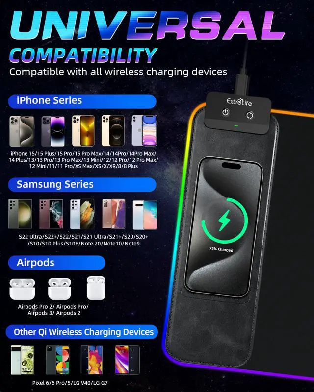 Alt view image 5 of 5 - Wireless Charging RGB Gaming Mouse Pad 10W, 31.5"x11.8" Large Desk Mat, Led Mouse Pad, 9 Light Modes, Non-Slip Rubber Base, Waterproof Computer Keyboard Mat for Gaming Home Office, Black with Adapter