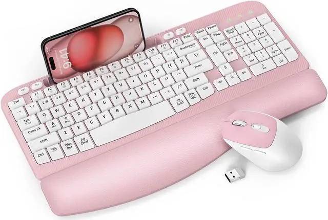 Main image of Wireless Keyboard and Mouse Combo, EAYBLLY Wave Keys Wireless Ergonomic Keyboard with Cushioned Wrist Rest, Phone Holder, 2.4GHz Silent Cordless Mouse Set for Computer, Laptop, PC, Windows