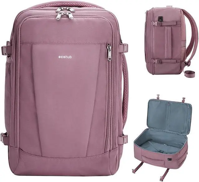 Main image of ECOHUB 17'' Travel Backpack, Personal Item Backpack with 13 Pockets, Flight Approved Carry on Backpack with USB Port & Luggage Sleeve, Travel bag for Women, Water Resistant Backpack, Pink