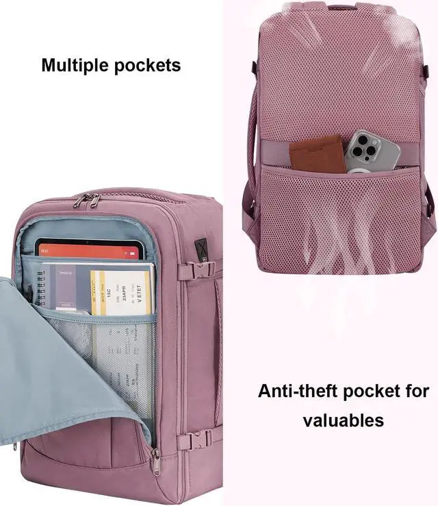 Alt view image 5 of 5 - ECOHUB 17'' Travel Backpack, Personal Item Backpack with 13 Pockets, Flight Approved Carry on Backpack with USB Port & Luggage Sleeve, Travel bag for Women, Water Resistant Backpack, Pink