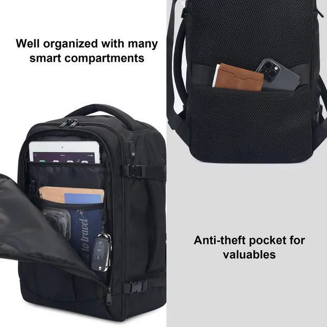 Alt view image 5 of 5 - ECOHUB Travel Backpack 18x14x8 Spirit Airlines Personal Item Bag Carry On Backpack 13 Pockets Large Work Casual Daypack for men Airline Approved Waterproof Gym Backpack with Charging Port, Black