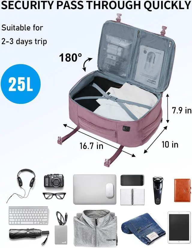 Alt view image 3 of 5 - ECOHUB 17'' Travel Backpack, Personal Item Backpack with 13 Pockets, Flight Approved Carry on Backpack with USB Port & Luggage Sleeve, Travel bag for Women, Water Resistant Backpack, Pink