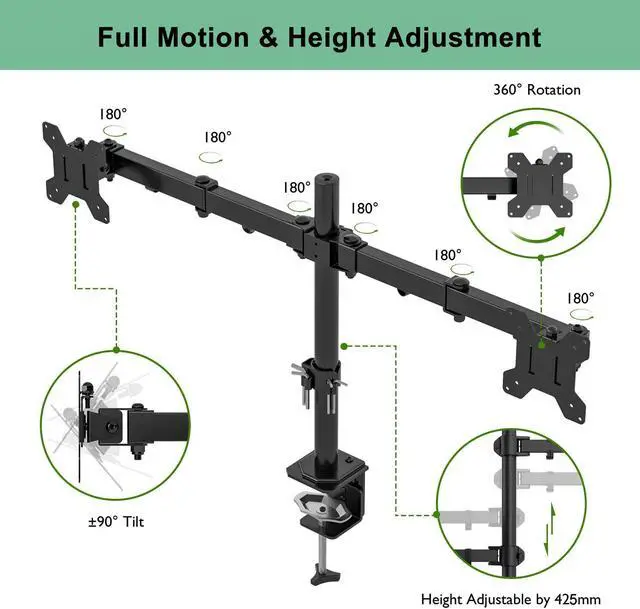 Alt view image 2 of 5 - ERGOMAKER Dual Monitor Mount for Desk,Monitor Arm Holds 2 Computer Screens Fits 13" to 27", Heavy Duty Fully Adjustable Monitor Stand with C-Clamp and Grommet Base, VESA 75x75 100x100mm, Black