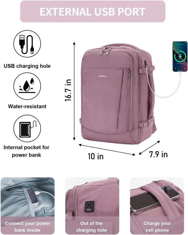 Alt view image 4 of 5 - ECOHUB 17'' Travel Backpack, Personal Item Backpack with 13 Pockets, Flight Approved Carry on Backpack with USB Port & Luggage Sleeve, Travel bag for Women, Water Resistant Backpack, Pink