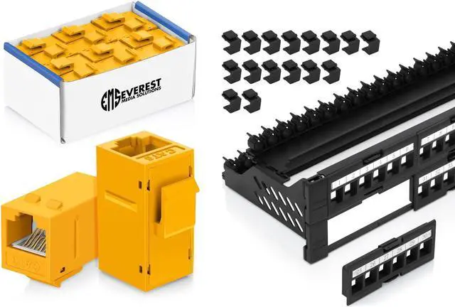 Main image of Everest Media Solutions Bundle - 2 Items: 48-Port Keystone Patch Panel + 24 Pack of RJ45 CAT6 Keystone Couplers - Yellow