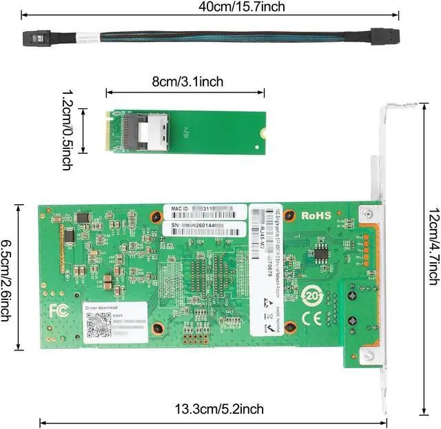Alt view image 5 of 5 - Euqvos 10 Gigabit M.2 to RJ45 NIC, Intel 82599 Controller, Single-Port RJ45, M Key, with SFF 8087 0.35m(1.1ft) Cable, 10 Gigabit Ethernet Expansion Card for Windows/Windows Server/Linux