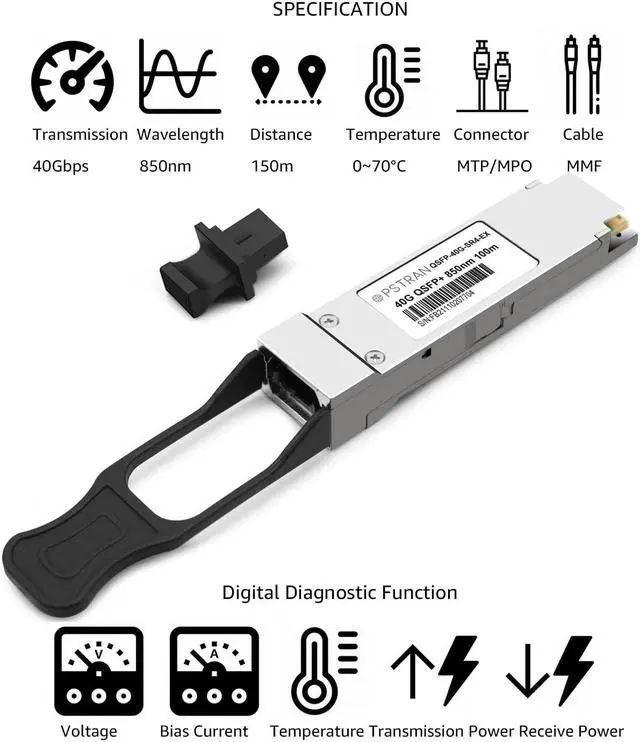 Alt view image 2 of 5 - OPSTRAN 40GBASE-SR4 QSFP+ Optical Transceiver Module Compatible with Extreme 10319 40G QSFP+ SR4 850nm 100m DDM MTP/MPO-12 MMF