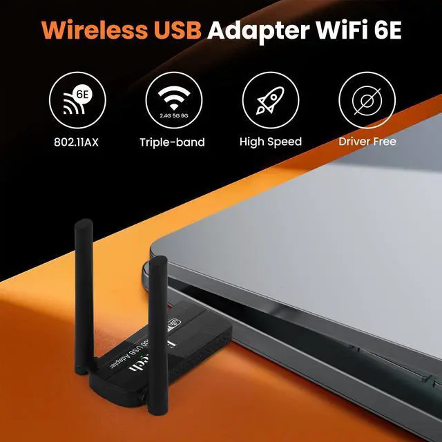 Alt view image 2 of 5 - WiFi 6E AX5400M USB 3.0 WiFi Adapter for PC Desktop, 802.11AX, Tri-Band 6GHz/5GHz/2.4GHz, Dual 5dBi Antennas, Wireless USB WiFi Dongle Network Adapter for Laptop, Only Compatible with Windows 11/10