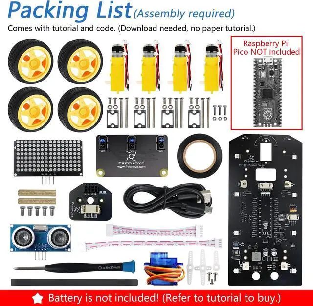 Alt view image 2 of 5 - Freenove 4WD Car Kit for Raspberry Pi Pico (Not Included) (Compatible with Arduino IDE), Dot Matrix Expressions, Obstacle Avoidance, Line Tracking, Light Tracing, Colorful Light, App