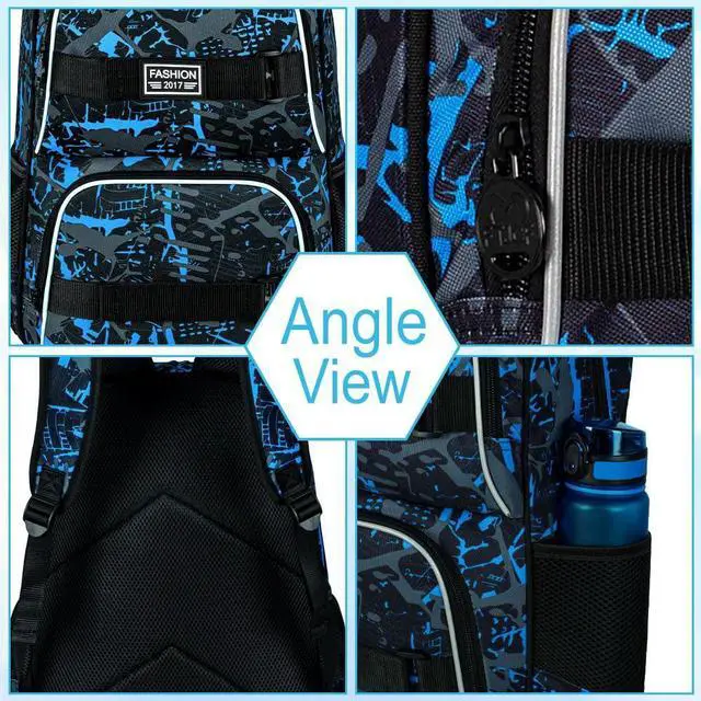 Alt view image 5 of 5 - FTJCF 17 Inches Backpack for Boys Men, 3Pcs College Laptop Backpacks with Lunch Bag, Water Resistant Graffiti School Bookbag Set for Teens Students(Blue)