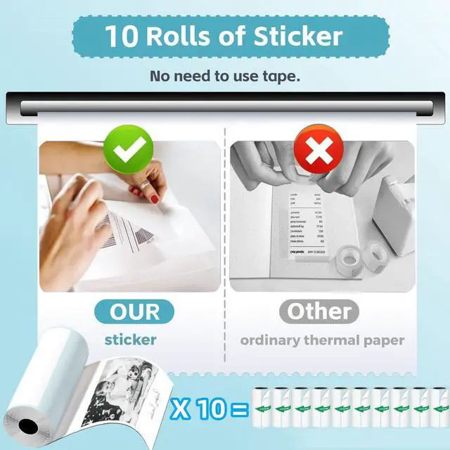 Alt view image 3 of 5 - Mini Printer, Sticker Printer with 10 Rolls Sticker Paper, Bluetooth Thermal Printer Compatible with iOS & Android, Mini Pocket Printer Portable and Inkless for Study Notes, Pictures, DIY, Label