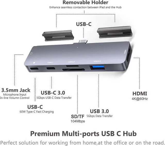 Alt view image 2 of 5 - iPad Pro USB C Hub Adapter for iPad Pro 2024 M4 M2 M1,7-in-1 Hub with 4K@60Hz HDMI,3.5mm Jack,USB3.0,PD 60W,SD/TF Card Slot,iPad Air 4/5,iPad Mini 6,iPad pro 13 12.9 Accessories