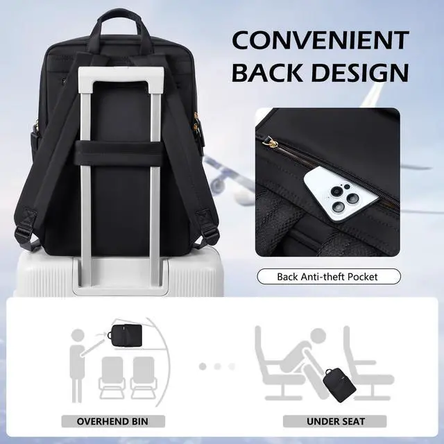 Alt view image 4 of 5 - GOLF QUALITY Slim Laptop Backpack for Women, Lightweight Business Backpack for Women Computer Bag Purse for Commuting, Fit 17.3 Inch, Black