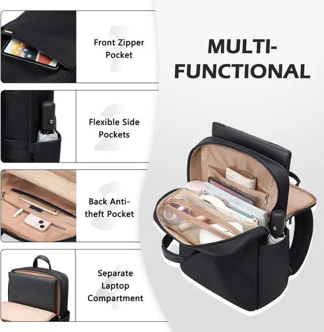 Alt view image 3 of 5 - GOLF QUALITY Slim Laptop Backpack for Women, Lightweight Business Backpack for Women Computer Bag Purse for Commuting, Fit 17.3 Inch, Black