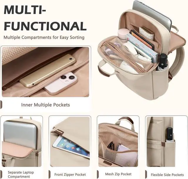 Alt view image 3 of 5 - GOLF QUALITY Slim Laptop Backpack for Women, Lightweight Business Backpack for Women Computer Bag Purse for Commuting, Fit 14Inch, Apricot