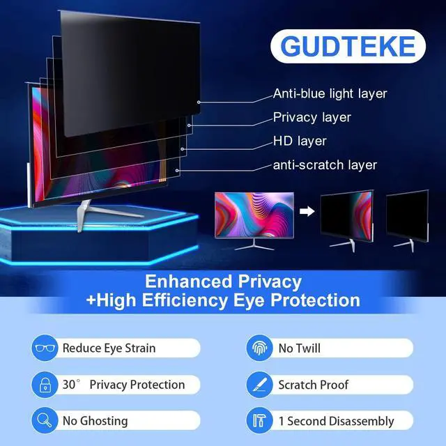 Alt view image 2 of 5 - GUDTEKE 24 inch 16:9 & 21.5 inch 16:9 Computer Privacy Screen Filter Hanging Privacy Screen Protector Compatible Widescreen Computer Monitor, Anti-Glare Privacy Screen Protector