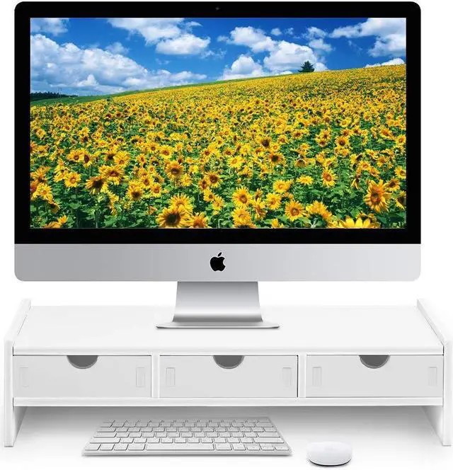 Main image of VALEN Monitor Stand Riser, Computer Laptop Riser Shelf with 3 Organizer Drawers (White, 19.5" L x 7.5" W x 4.7" H) (White)