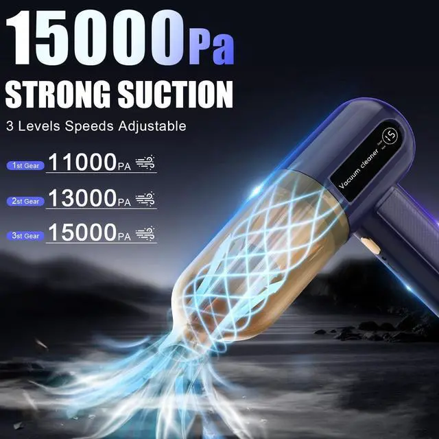 Alt view image 3 of 5 - Handheld Car Vacuum with 3 Suction Power & Speed Display:15000Pa Keyboard Vacuum Cleaner Mini 4 in 1 Compressed Air Duster Cordless Hand Pump for Computer Sewing Machine Home Office Pet Hair