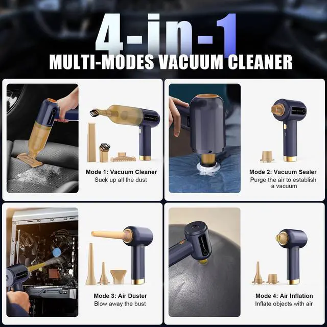 Alt view image 2 of 5 - Handheld Car Vacuum with 3 Suction Power & Speed Display:15000Pa Keyboard Vacuum Cleaner Mini 4 in 1 Compressed Air Duster Cordless Hand Pump for Computer Sewing Machine Home Office Pet Hair