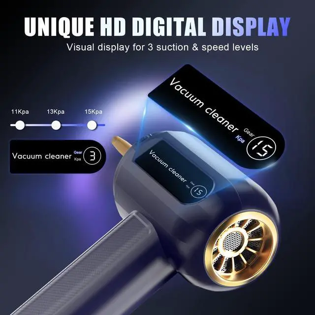 Alt view image 4 of 5 - Handheld Car Vacuum with 3 Suction Power & Speed Display:15000Pa Keyboard Vacuum Cleaner Mini 4 in 1 Compressed Air Duster Cordless Hand Pump for Computer Sewing Machine Home Office Pet Hair