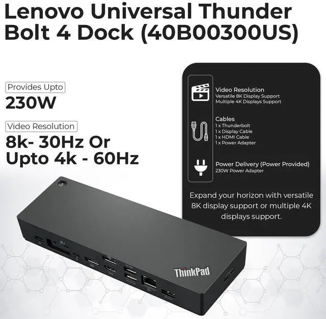 Alt view image 3 of 5 - 40B00300US Docking Station USB C Bundle - 1 Year Warranty, Thinkpad Thunderbolt 4 Dock with 300W AC Adapter + HDMI Cable + DisplayPort Cable + Thunderbolt Cable + Microfiber Cloth