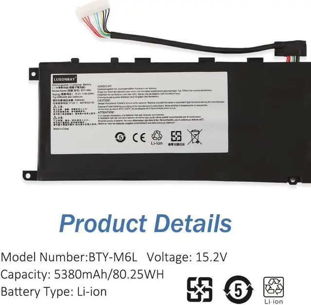 Alt view image 4 of 5 - BTY-M6L Laptop Battery Replacement for MSI GS65 Stealth Thin 8SE 8SF 8SG 8RF 9SE 9SF 9SG PS63 GS60 6QE-054US series for MSI P65 Creator 8RD-021 8SF 9SE series for MSI P75 Creator 9SC 15.2V/80.25Wh